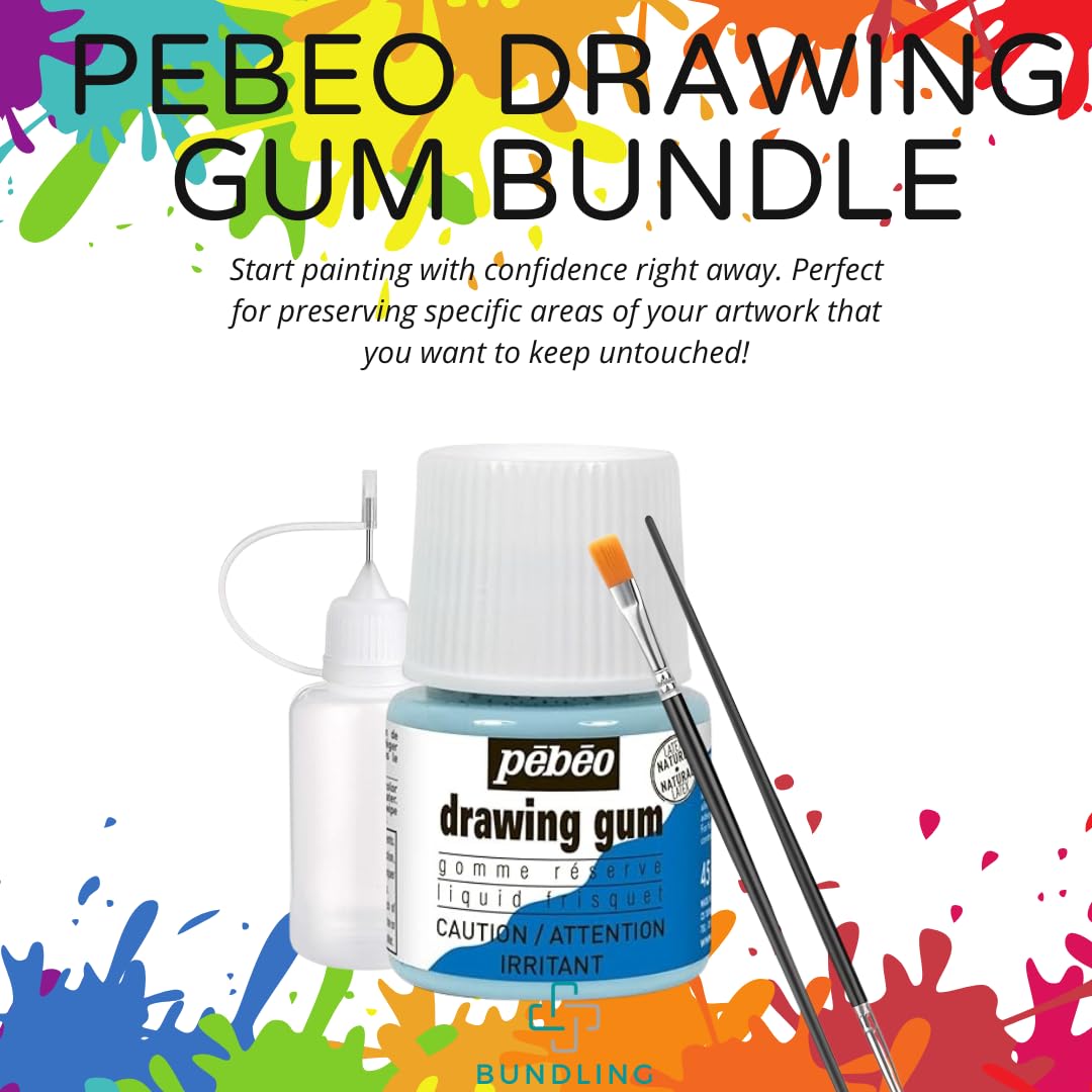 Pebeo Drawing Gum Masking Fluid 45ml – Quick-Dry, Easy-Peel for Watercolor & Painting – Includes Bundling Bliss Applicator Tip & Brushes (3-Piece Set)