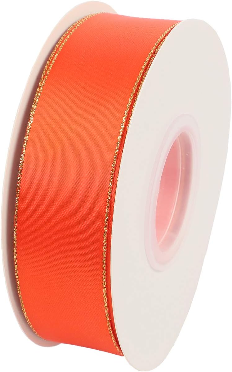ITIsparkle 1" Inch Double Faced Satin Ribbon 25 Yards with Gold Edges, 1" X 25Yd - Autumn Orange
