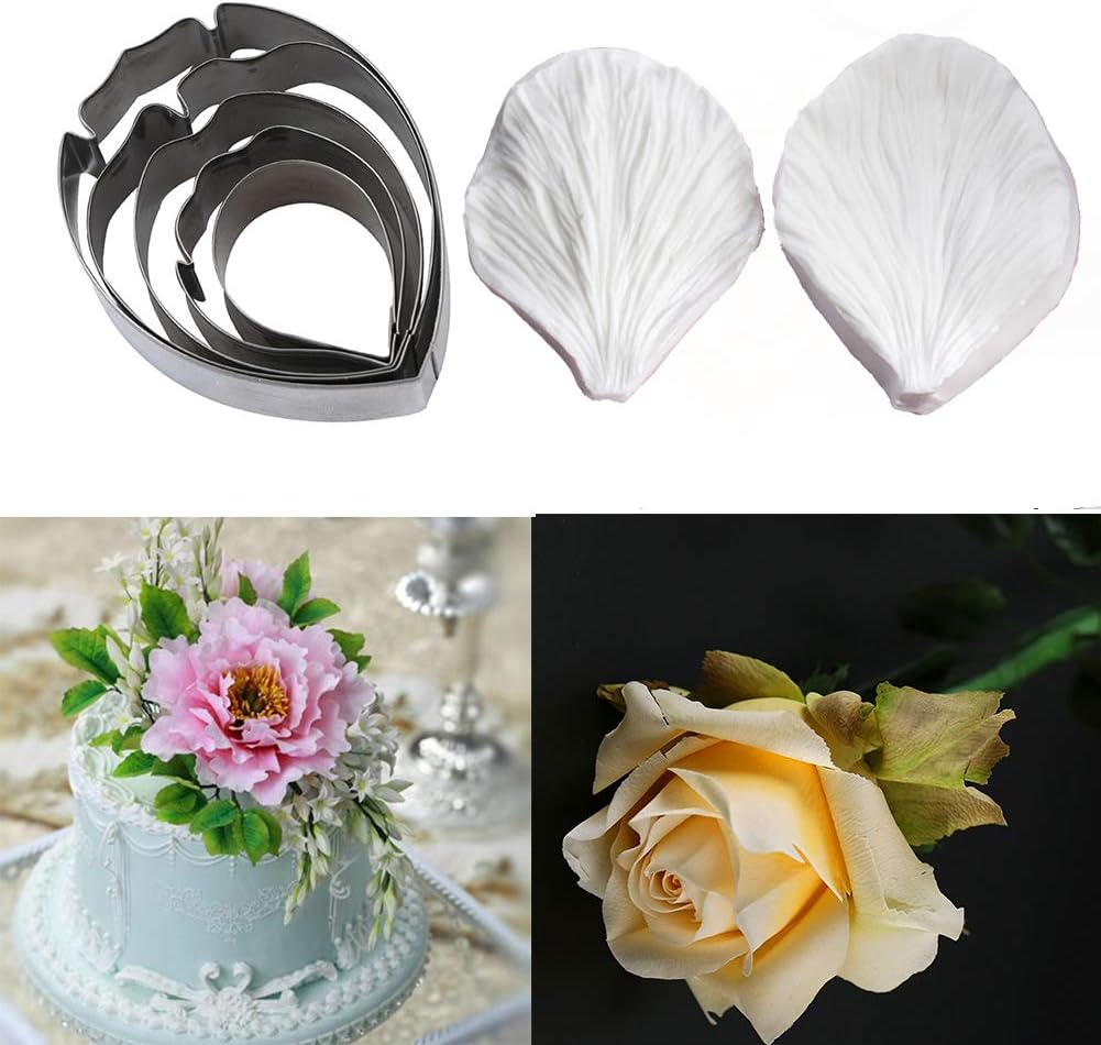 KALAIEN 5pcs Stainless Steel Peony Cutter 2pcs Fondant Silicone Mold Gumpaste Peony Sugarcraft Flower Veining Mold Veiner Petal Making Tool