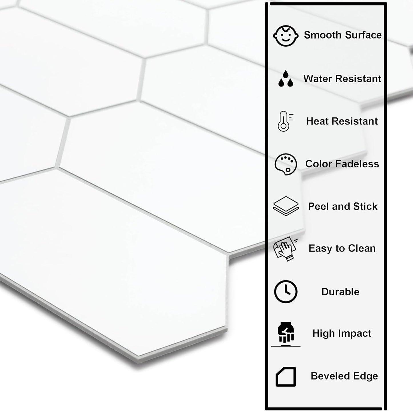The Tiles Plaza 10-Sheet Peel and Stick Backsplash, White Long Hexagon Self Adhesive Wall Tile, Stone Composite Stick On Decorative Mosaic Tile for Kitchen Bathroom Fireplace
