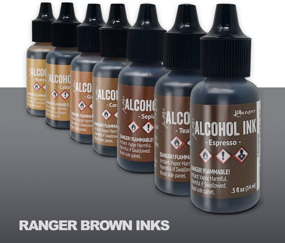 Brown Alcohol Inks Set | Tim Holtz Alcohol Inks Shades of Brown 7-Pack | Teakwood, Espresso, Latte, Ginger, Caramel, Sepia, Butterscotch | 10 Pixiss Alcohol Ink Blending Tools