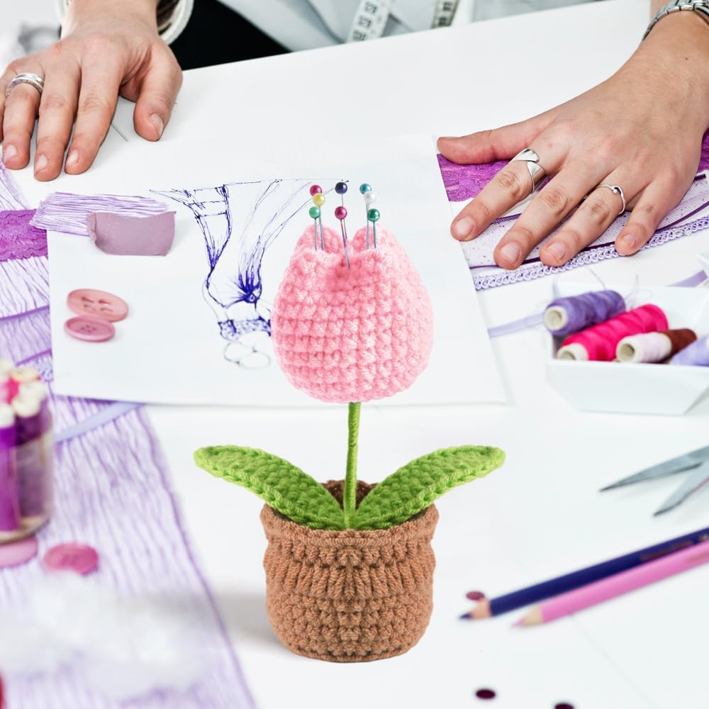 Tulip Pin Cushion, Handmade Knitted Pincushions, Cute Pin Cushions Needle Holders for Sewing Quilting Accessory, DIY Crafts or Patchwork Decor.Flowerpot Design Pink Tulip