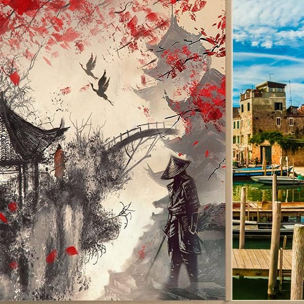 Vintage Japanese Samurai Air Window Film Watercolor Ink Ancient Cherry Blossom Red Sunblackout Window Film,Playroom Window Film 35.4Wx78.7L-Inch X1Pcs