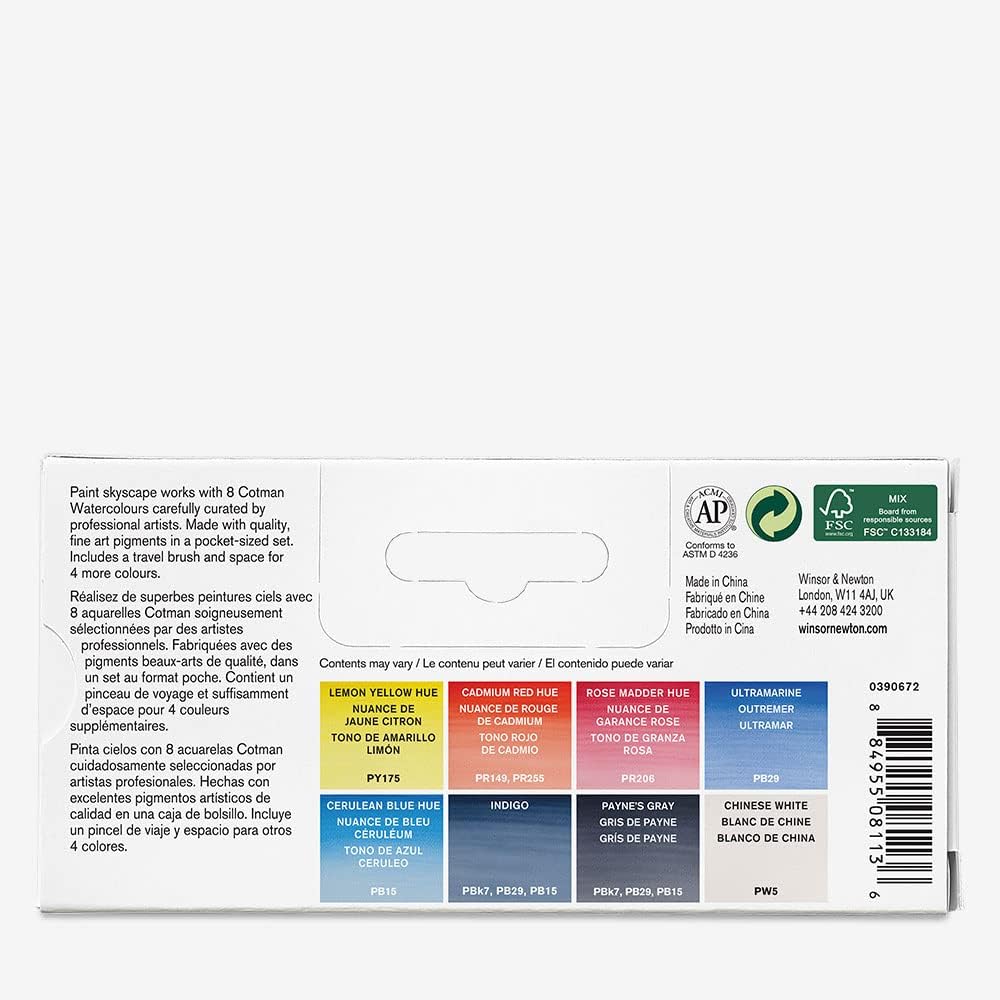 Winsor & Newton Cotman Watercolor Paint Set, 8 Half Pan, Sky Colors w/ Brush