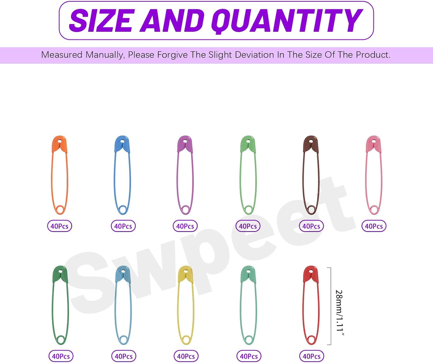 Swpeet 440Pcs 28mm/1.11 Inch Colorful Safety Pins Assortment Kit, Rust Resistant Steel Small Safety Pin Kit with Clear Case, Mini Safety Pins for Sewing, Clothes, Craft Arts