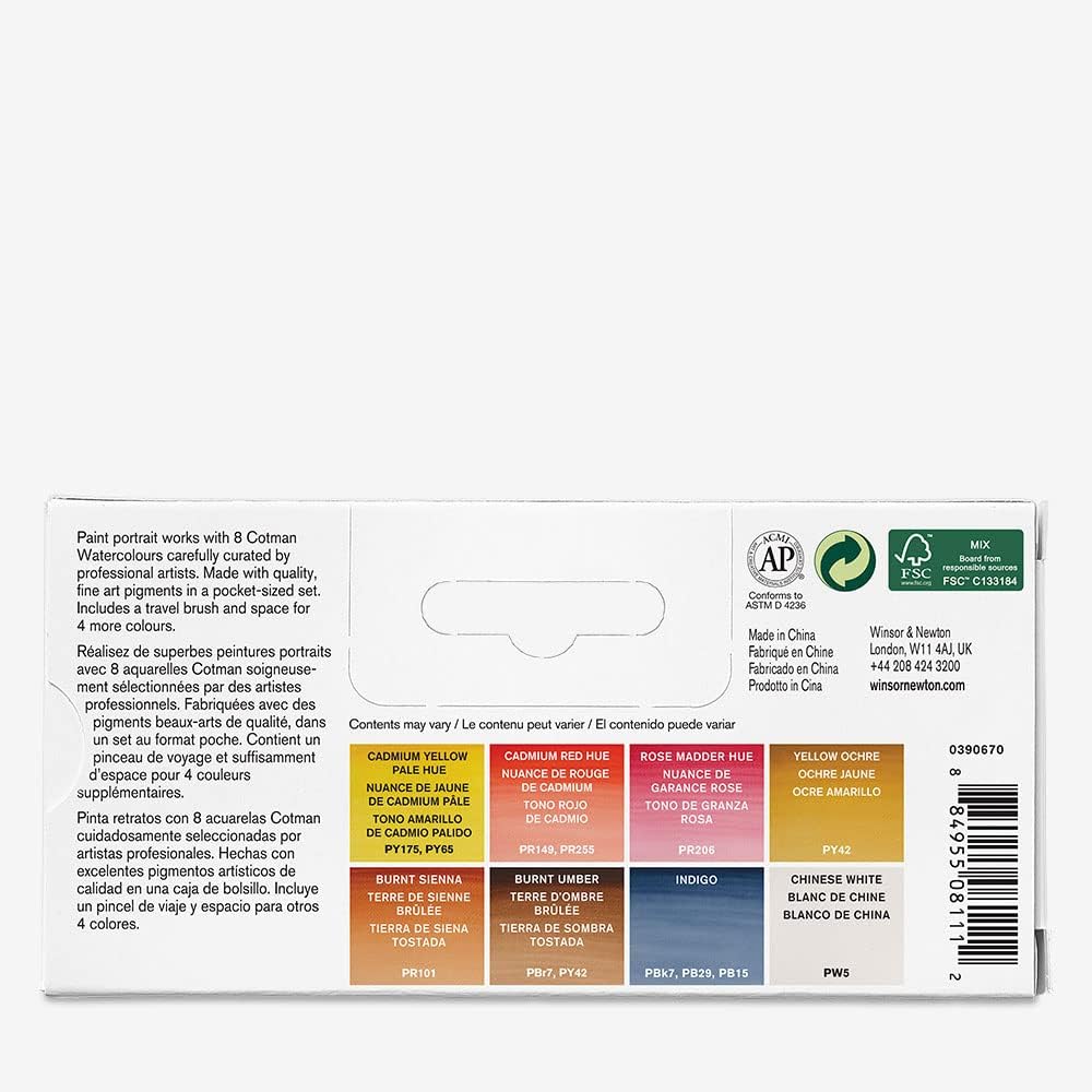 Winsor & Newton Cotman Watercolor Paint Set, 8 Half Pan, Portrait Colors w/ Brush