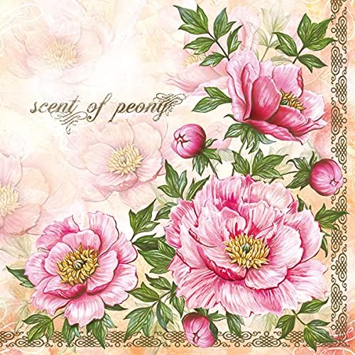 20-ct 13x13 Flowers Paper Luncheon Decoupage Napkins, 3-Ply Servilletas Printed Flower Pink Peonies Cocktail Napkin for Art, Dinner and Party, Disposable Napkins Decor