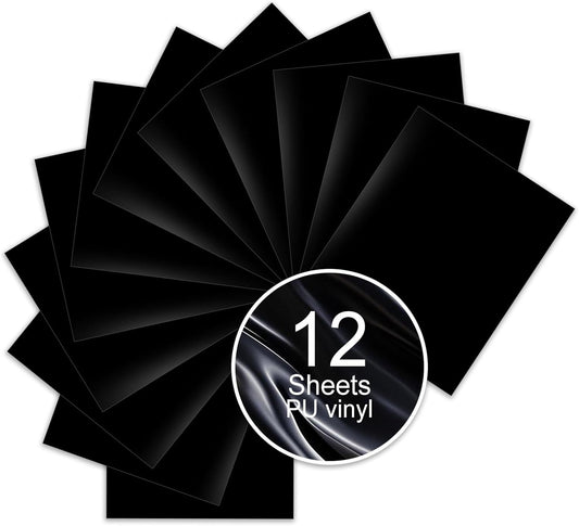 Black PU Heat Transfer Vinyl, 12 Pcs 12"x10" HTV Sheets – Soft & Stretchable Iron-On Vinyl, Easy to Cut & Weed, Compatible with Cricut & Silhouette – Great for DIY Family Shirts & Crafts