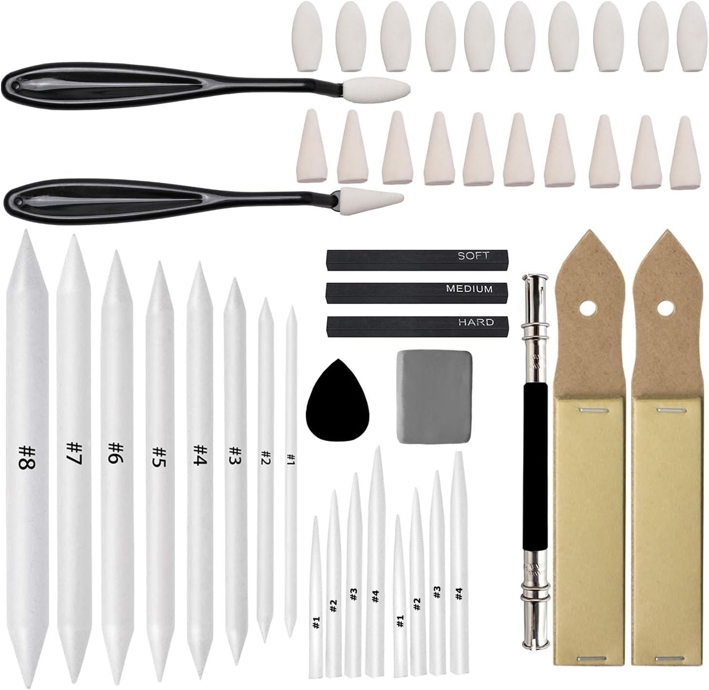 46 PCS Blending Stumps and Tortillions Paper Art Blenders Sketch Drawing Tools with Charcoal Sticks,Sandpaper Sharpeners,Wipe Scrapers,Rub Sponge and Kneaded Eraser for Student Artist Drawing Shading