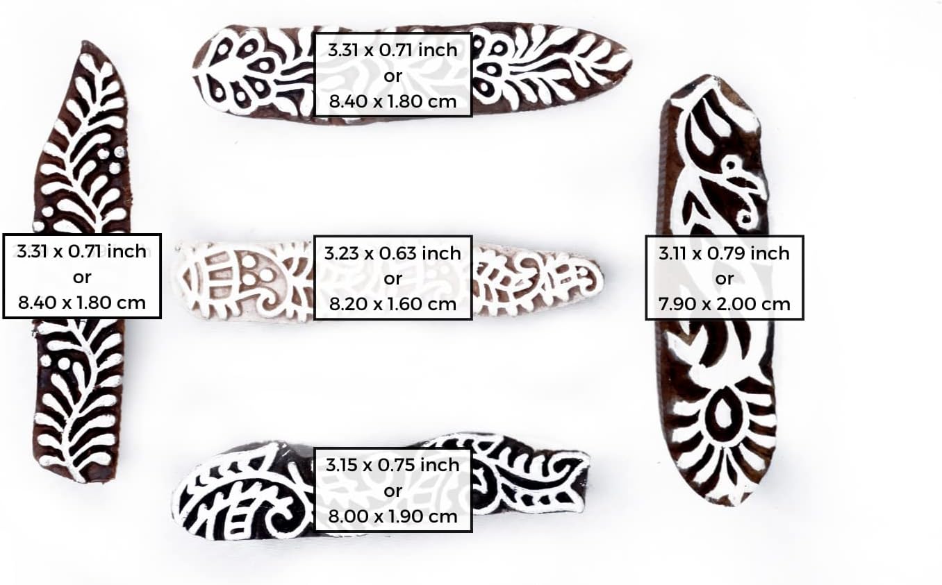 Hashcart | Set of 5 | Mehndi Print Blocks Border Pattern Wooden Stamp, Handcarved Indian Textile Printing Blocks for Crafting on Fabric Clay & Henna Tattoo Saree Border Paper Print Pottery Stamps