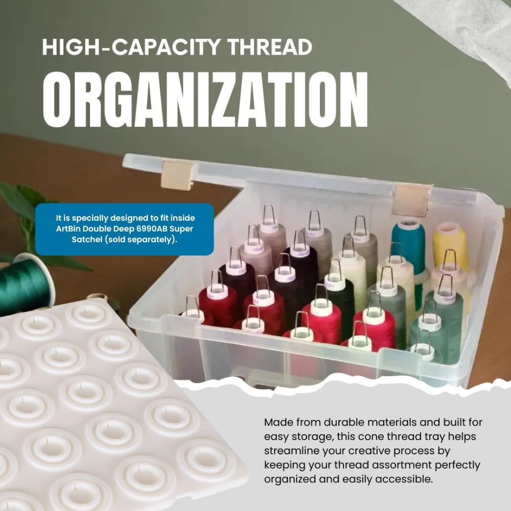 ArtBin 6901AB Cone Thread Tray, Sewing & Embroidery Serger Cone Thread Spool Assortment Organizer, Super Satchel System Accessory, Up To 25 Traditional Spools or Up To 50 Mini Spools, White