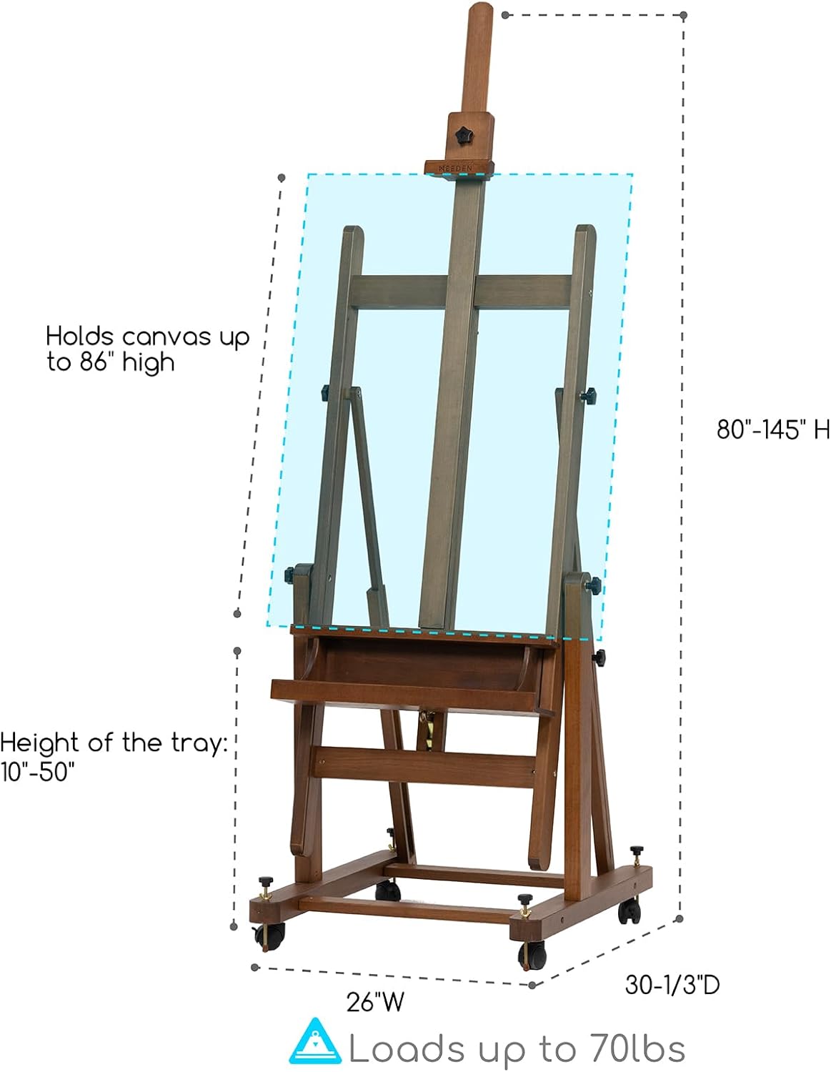 MEEDEN Enlarged Heavy-Duty H-Frame Easel: Artist Solid Beech Wooden Studio Easel - Professional Painting Art Easel Stand with 4 Lockable Wheels & Leveling Bolts - Hold Canvas up to 86" H,Walnut