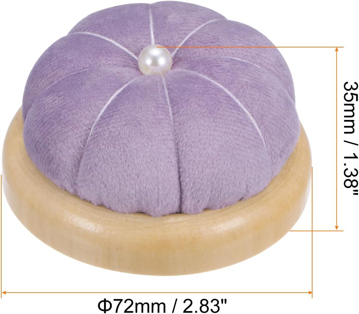 HARFINGTON Wooden Base Pin Cushion Japanese Style Cute Needle Holder Pincushions Round for Sewing Quilting Needlework DIY Crafts, Light Purple
