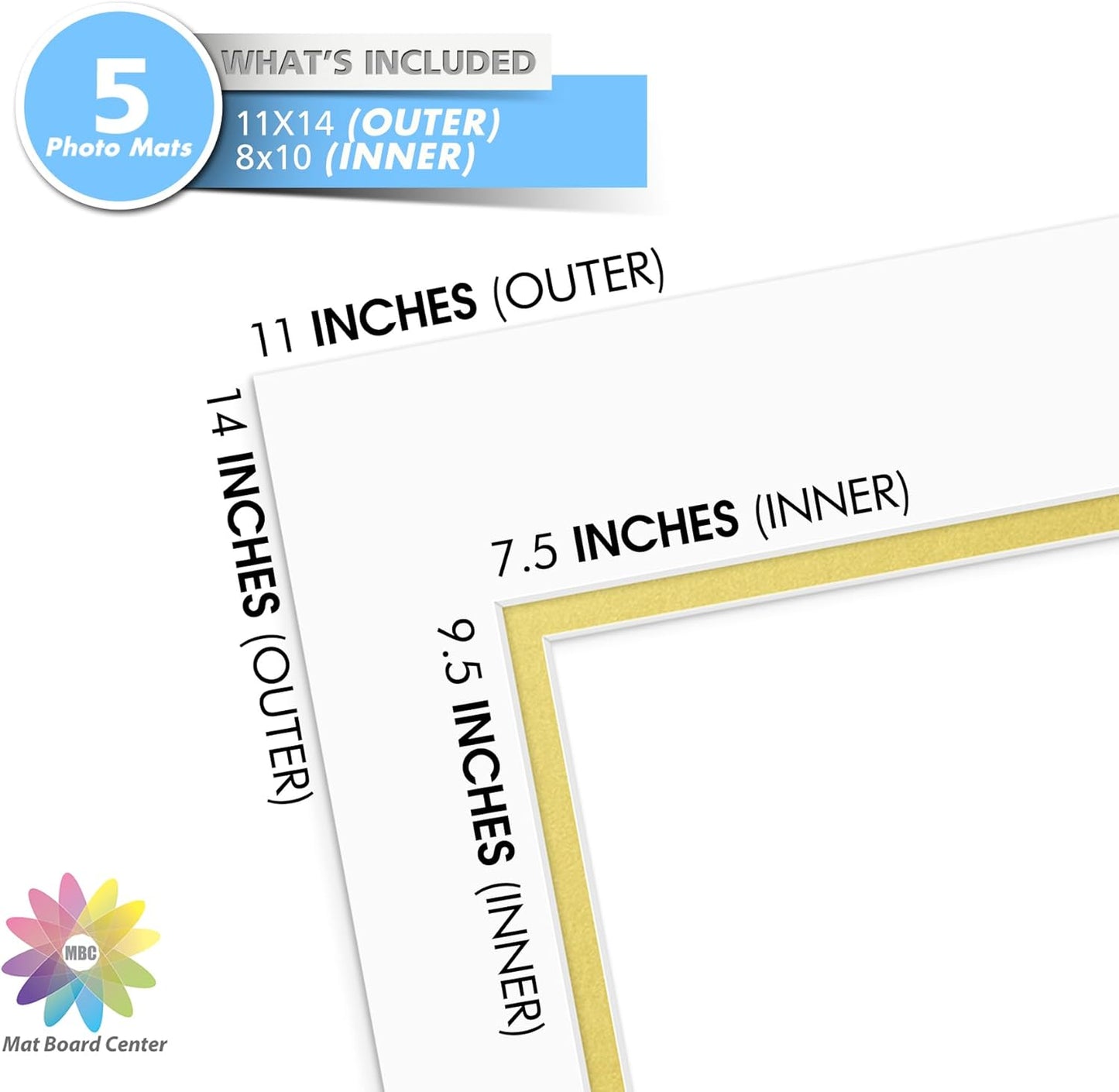 Mat Board Center, Double Mat - Acid Free, 8-ply Thickness, White Core - for Pictures, Photos, Framing (Off White Over Gold, 11x14 for 8x10, Pack of 5)
