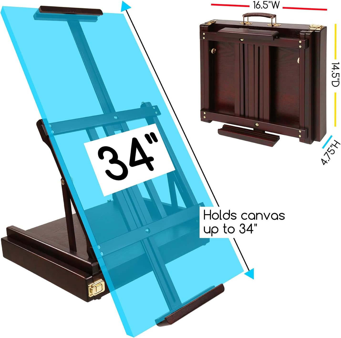 MEEDEN Studio Sketchbox Table Easel with Metal Lined Drawer - Adjustable Solid Beech Wood Tabletop Easel & Sketchbox Artist Easel with Storage, for Studio or Plein Air - Holds Max 34", Walnut
