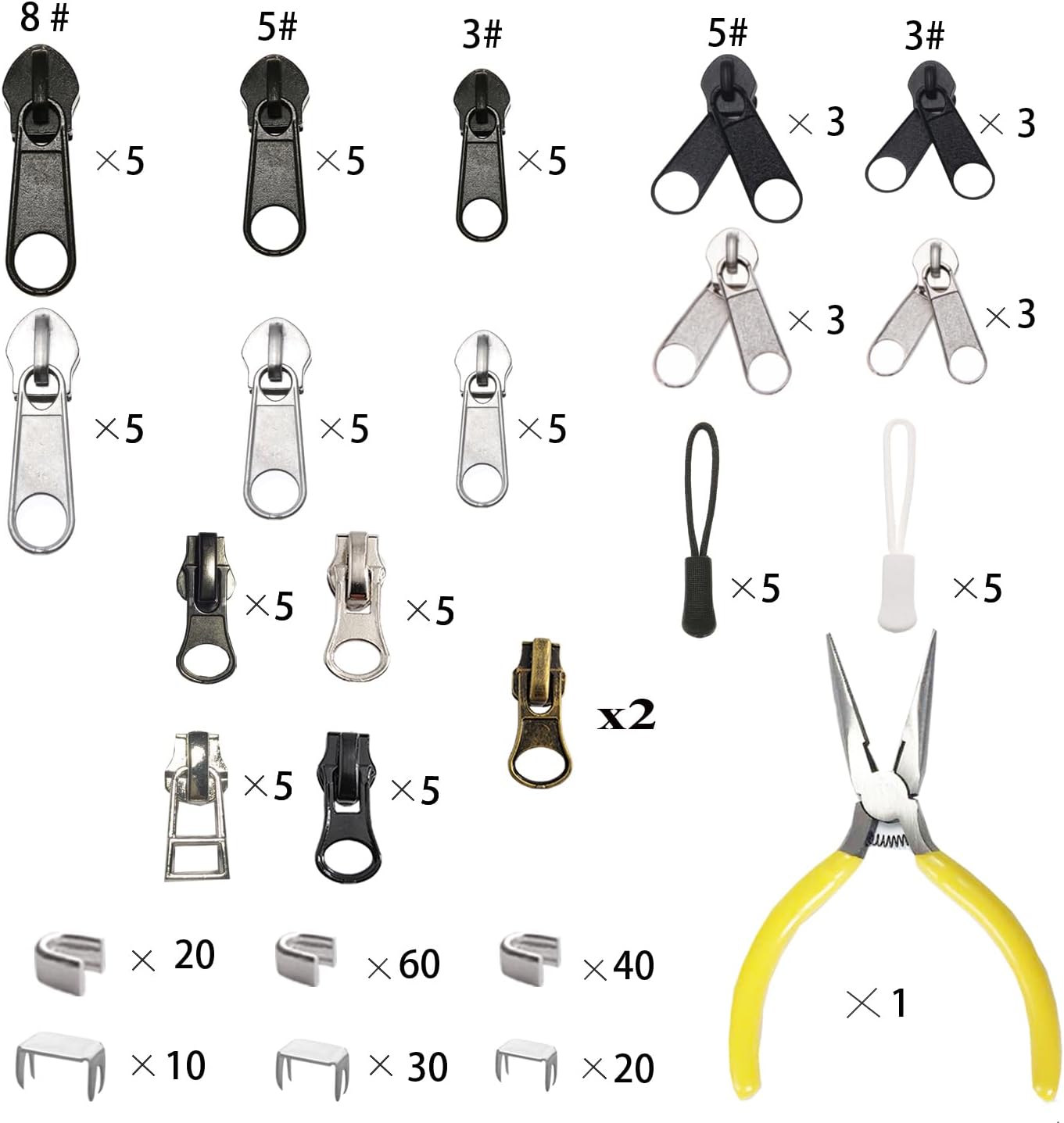JOSDIOX 255-Piece Zipper Repair Kit – Replacement Sliders (#3, #5, #8), Install Pliers Tool, and Zip Extension Pulls for Jackets, Luggage, Backpacks, Tents, and Sleeping Bags