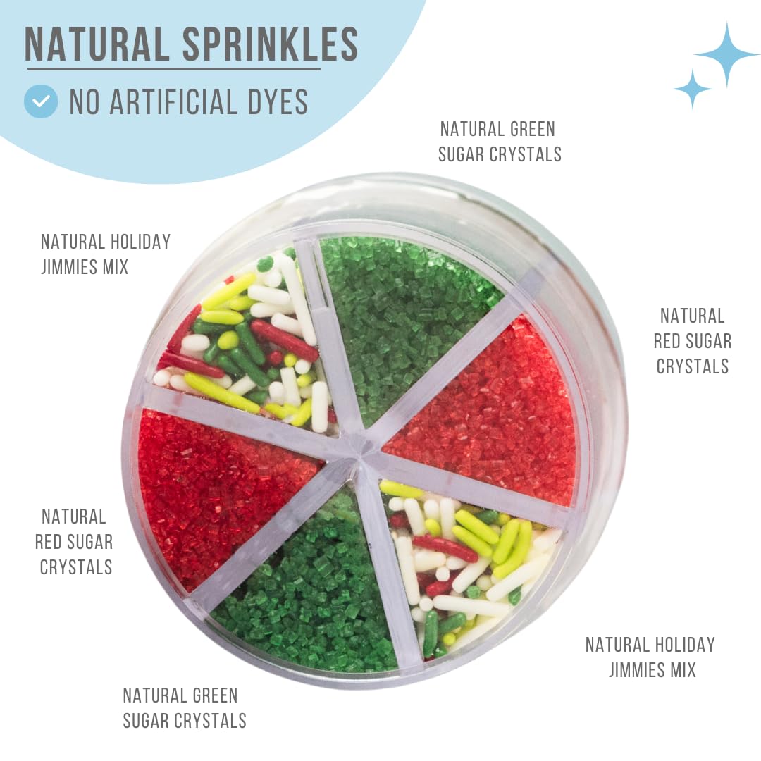 Sweets Indeed Dye Free Christmas Sprinkles – 2.75 oz 6-Cell Holiday Jar | Red Sanding Sugar, Green Sanding Sugar & Christmas Jimmies | Natural Edible Cookie, Cupcake & Cake Decorations