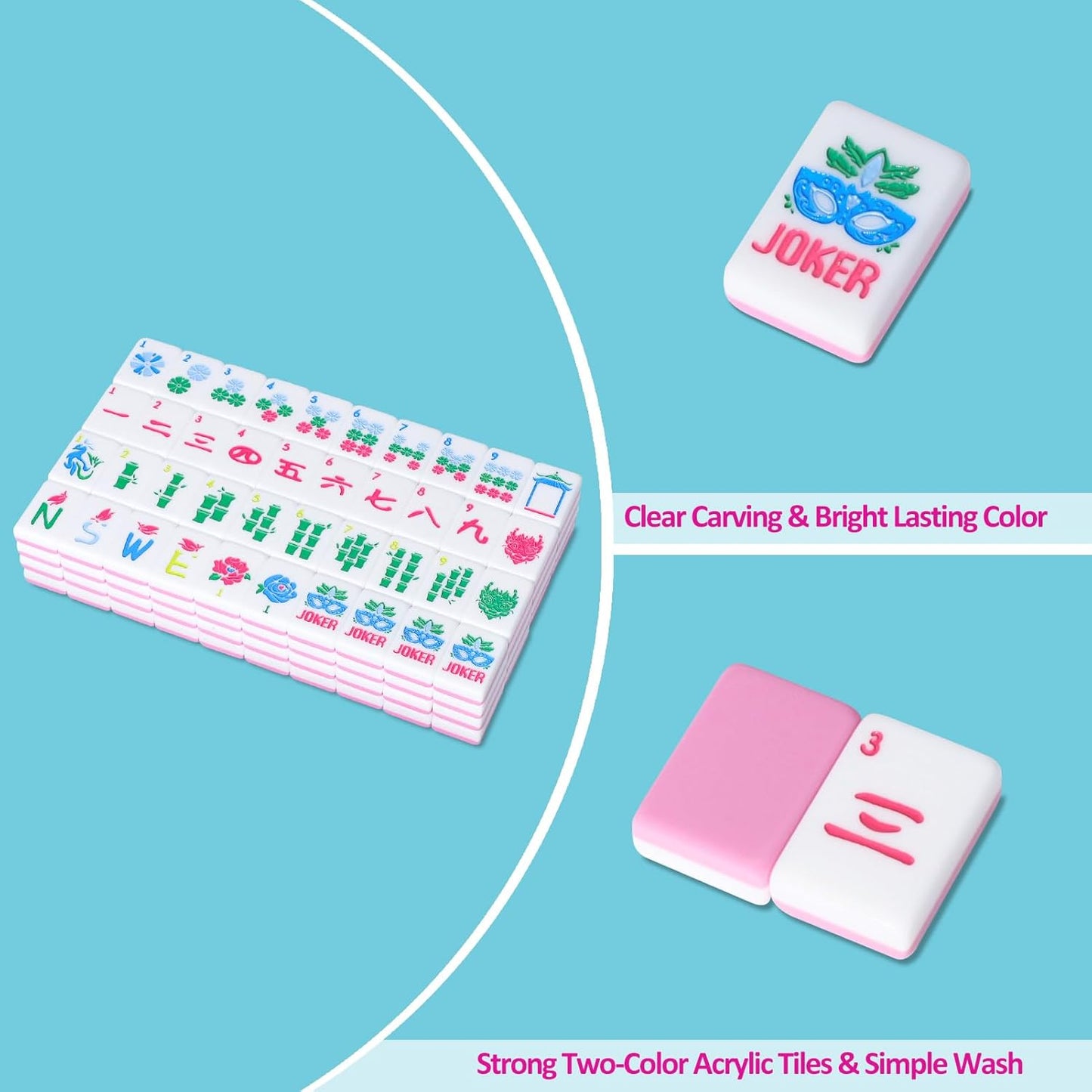 American Mahjong Tile Set(Pink) with Carrying Bag and Accessories, 160 Acrylic Engraved Mahjong Tiles