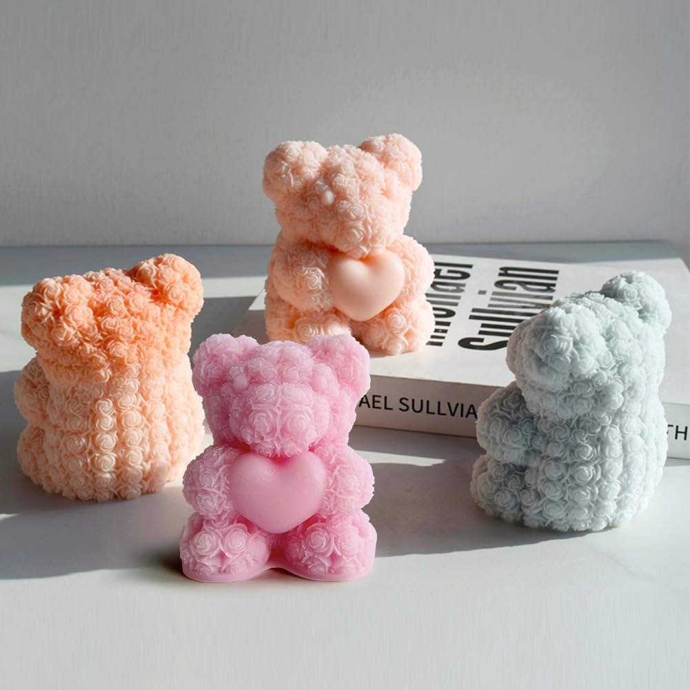 Rose Bear Silicone Mold for Candle Making,3D Candle Mold Silicone,Resin Molds for DIY Decor,DIY Soap,DIY Candle,Mother's Day Gift,Birthday Gifts(Large Rose Heart Bear)