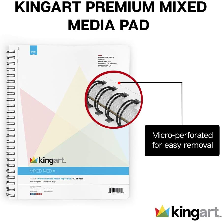 KINGART Mixed Media Sketchbooks, 11 x 14 Inches, 60-Sheet, 98lb/160gsm Acid-Free Paper, Micro-Perforated, Spiral-Bound, Wet and Dry Media