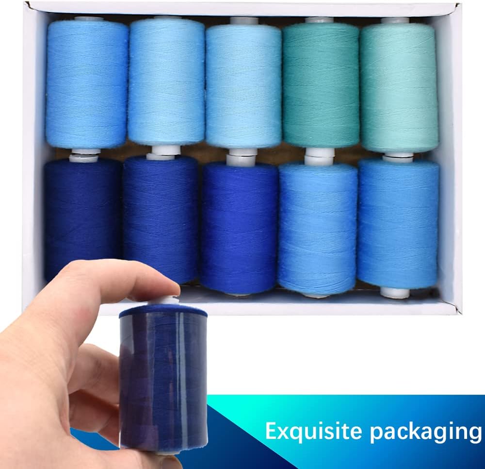 Sewing Thread 10 Color Sewing Industrial Purpose 1000 Yards Per Spool 40S/2 Polyester for DIY Sewing Machine,Embroidery Machine,Hand Sewing (Blue)