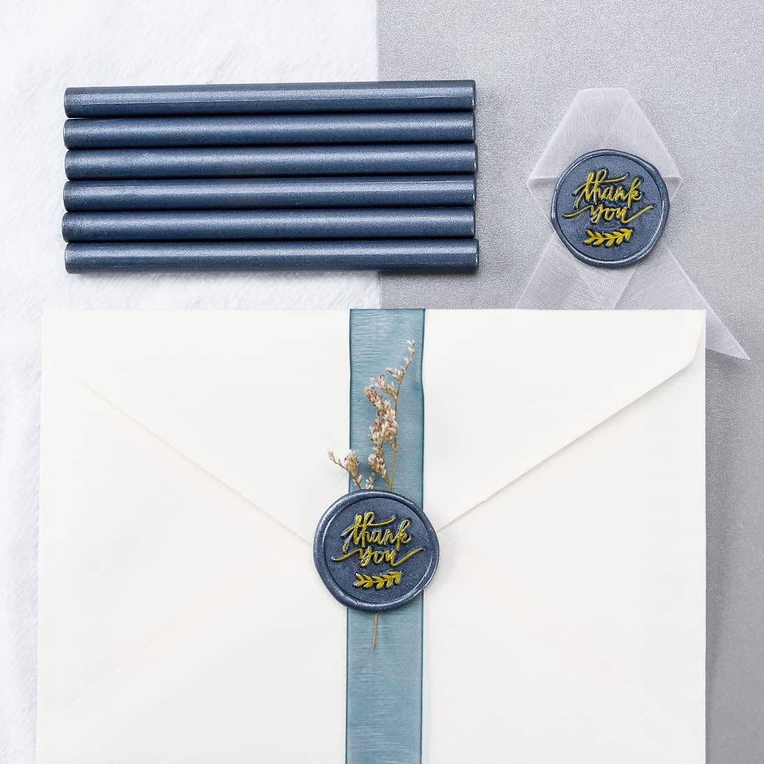 16 PCS Hot Glue Wax Sticks in Steel Blue Color for Mini Glue Gun, Make Wax Seals for Wedding Invitations Thanks Card Envelopes Gift Wrapping