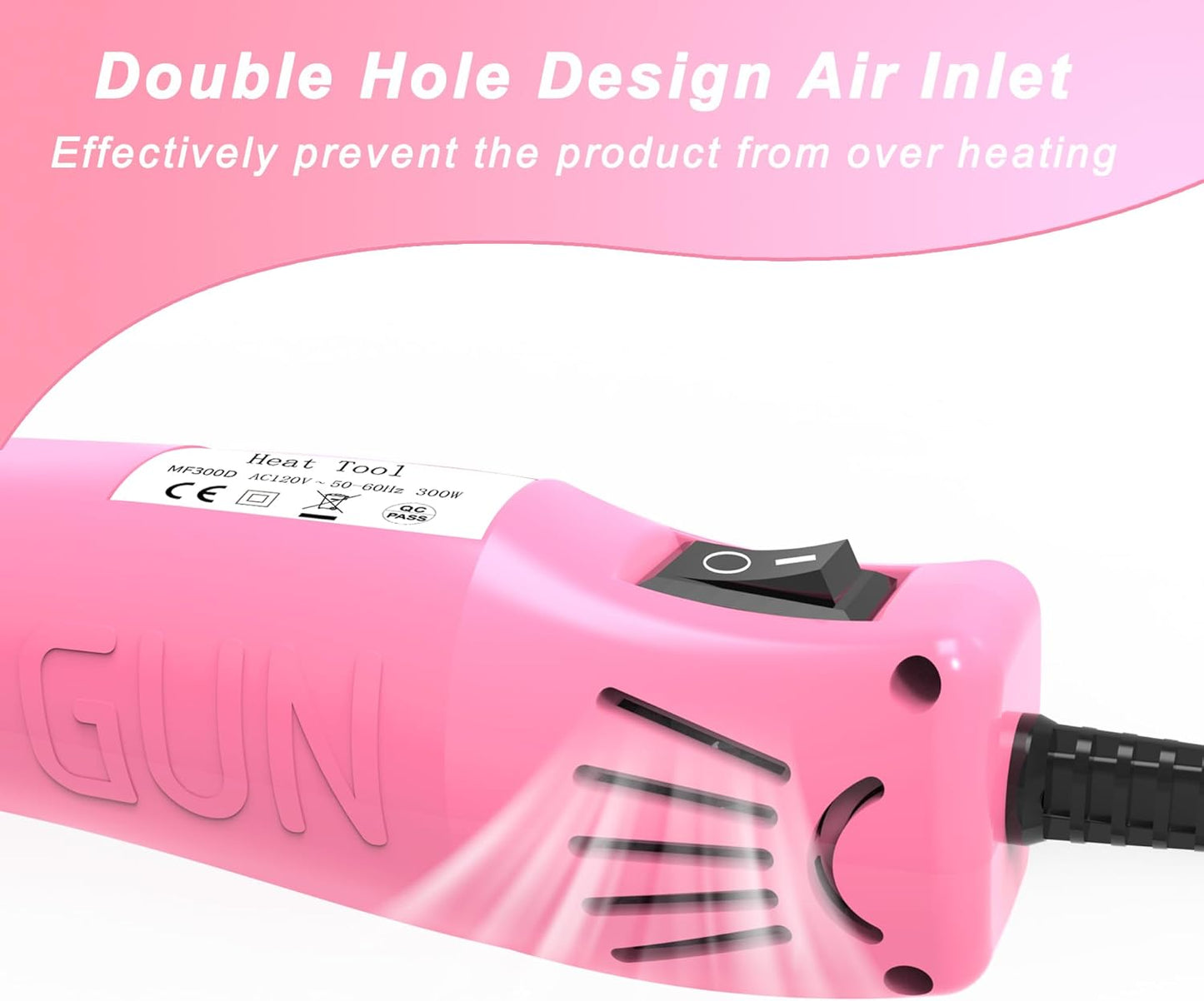 Heat Gun, Mini Heat Gun for Shrink Tubing, Portable Heat Gun for DIY Crafts, 300W Heat Air Gun with Reflector Nozzle, Shrink Wrap Gun Tool for Shrink Packaging PVC, Drying Paint, Clay - Pink