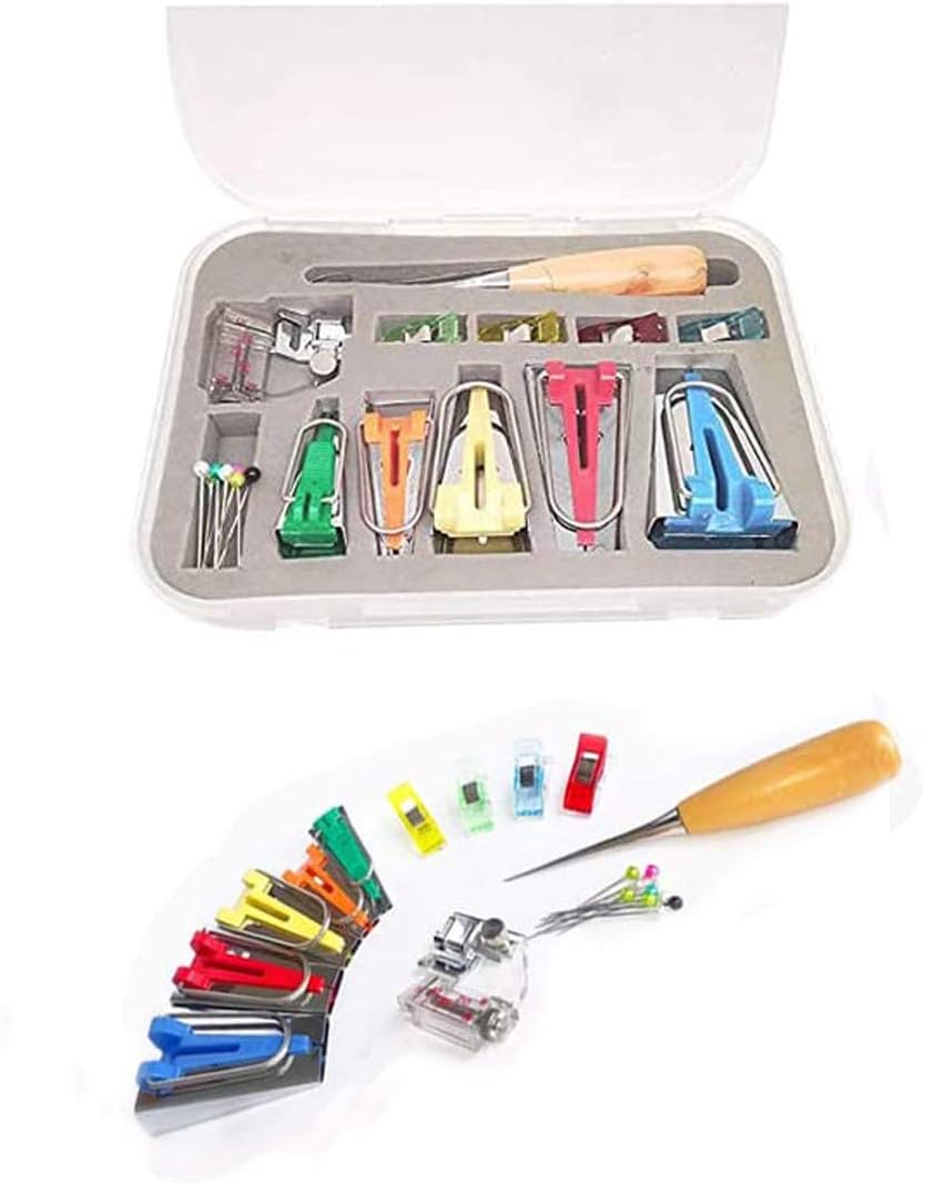 YICBOR Bias Tape Maker Kits All 5 Sizes 6MM 9MM 12MM 18MM 25MM Binding Foot Craft Clips Awl Quilter's Pin Comes with 10pcs Multi-Sizes Folding Fabric and Biasing Strips Roll Tool Set (Green)