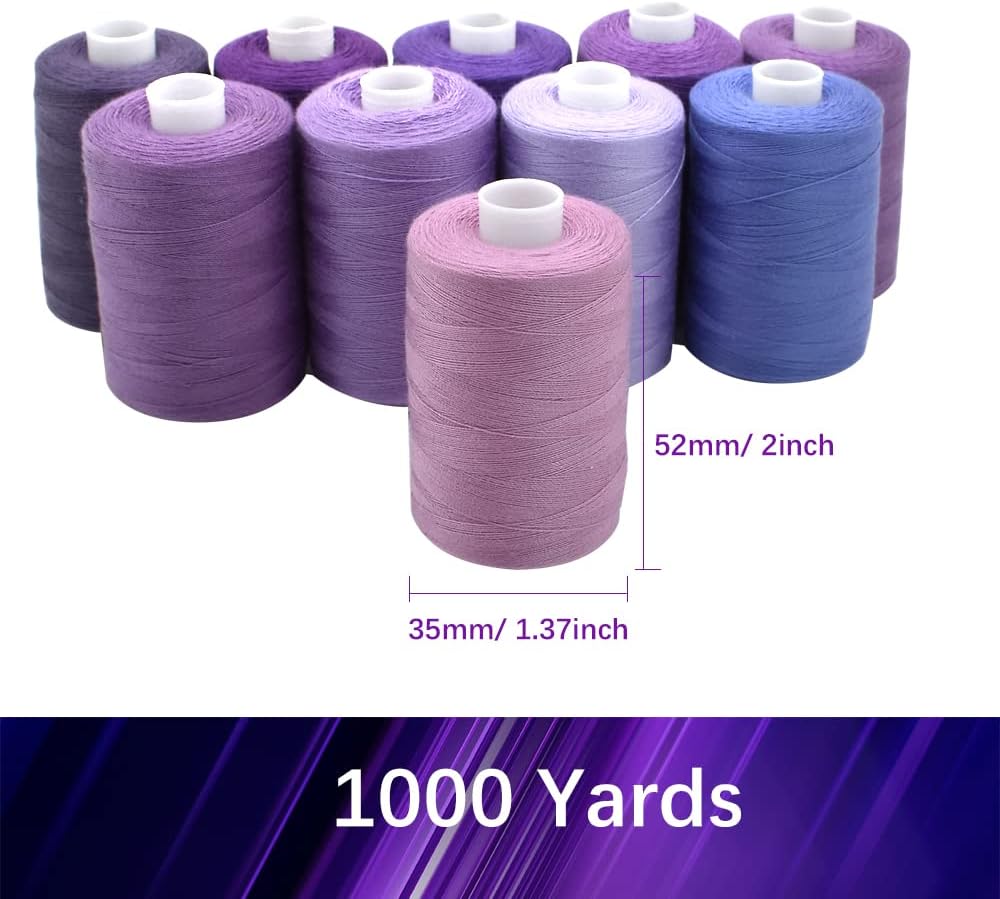 Sewing Thread 10 Color Sewing Industrial Purpose 1000 Yards Per Spool 40S/2 Polyester for DIY Sewing Machine,Embroidery Machine,Hand Sewing (Purple)