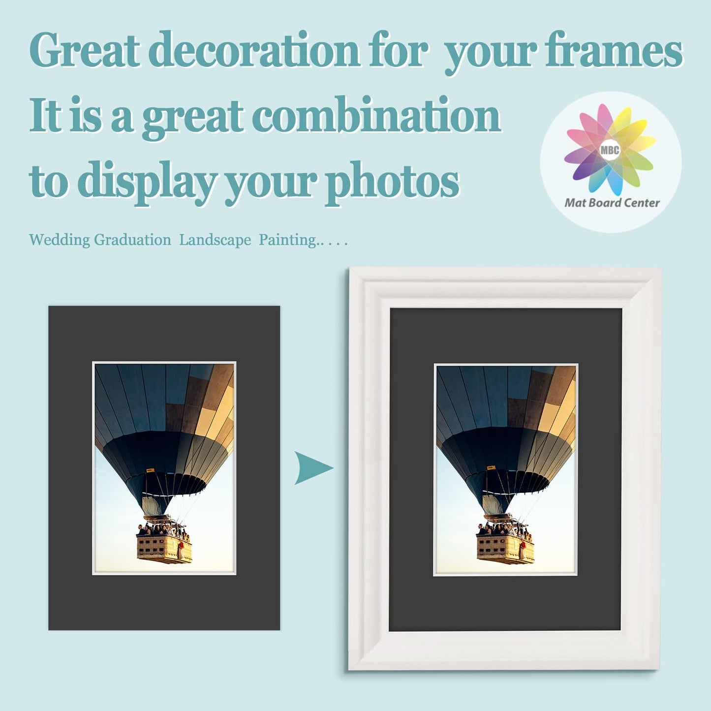 MBC MAT BOARD CENTER, 5 Pack 5x7 for 3.5x5 Black Picture Mats Frame Mattes, Bevel Cut, Acid Free, 4-ply Thickness