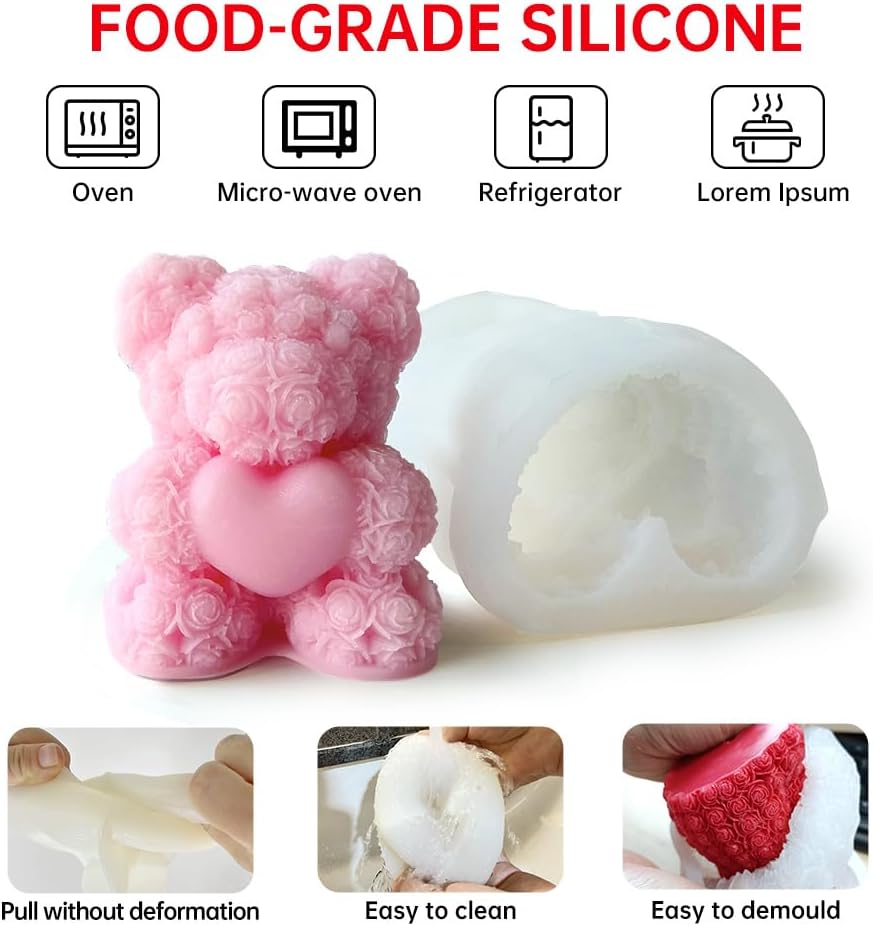 Rose Bear Silicone Mold for Candle Making,3D Candle Mold Silicone,Resin Molds for DIY Decor,DIY Soap,DIY Candle,Mother's Day Gift,Birthday Gifts(Large Rose Heart Bear)