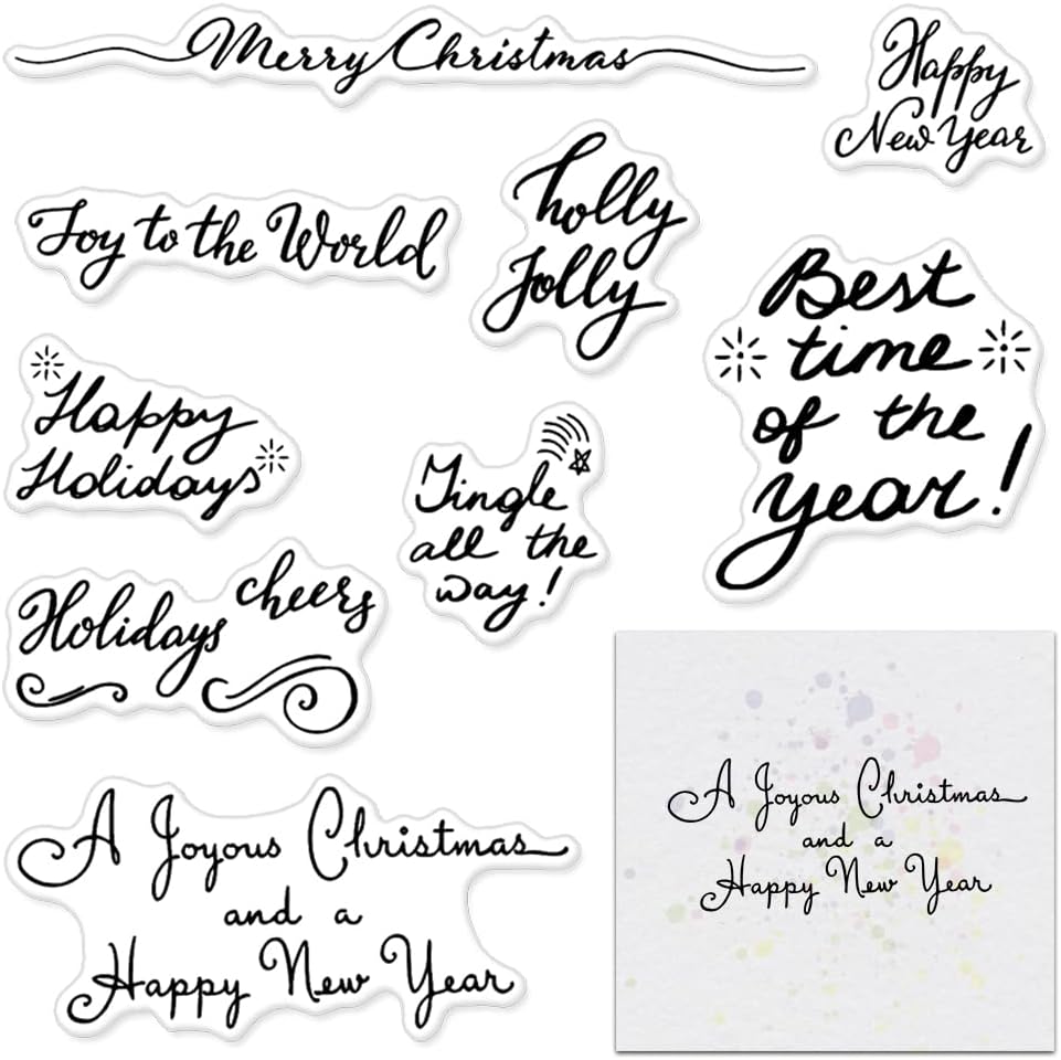 Merry Christmas Clear Stamps for Card Making and Photo Album Decorations, Happy New Year Words Winter Snowflake Frame Clear Rubber Stamps for Card Making Decoration and DIY Scrapbooking