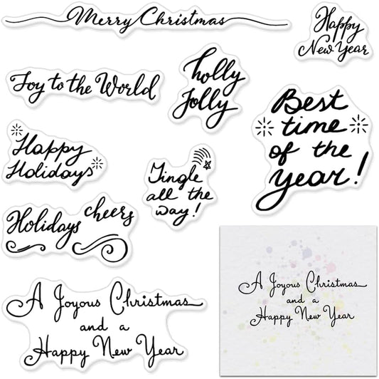 Merry Christmas Clear Stamps for Card Making and Photo Album Decorations, Happy New Year Words Winter Snowflake Frame Clear Rubber Stamps for Card Making Decoration and DIY Scrapbooking