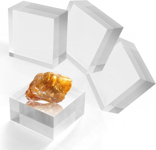 Acrylic Blocks 3 X 3 X 2 Inch 4 Pcs Acrylic Base Stand for Display Clear Block Square Riser Display Stands Pedestal Polished Cube for Jewelry trophy Props Collection Ring