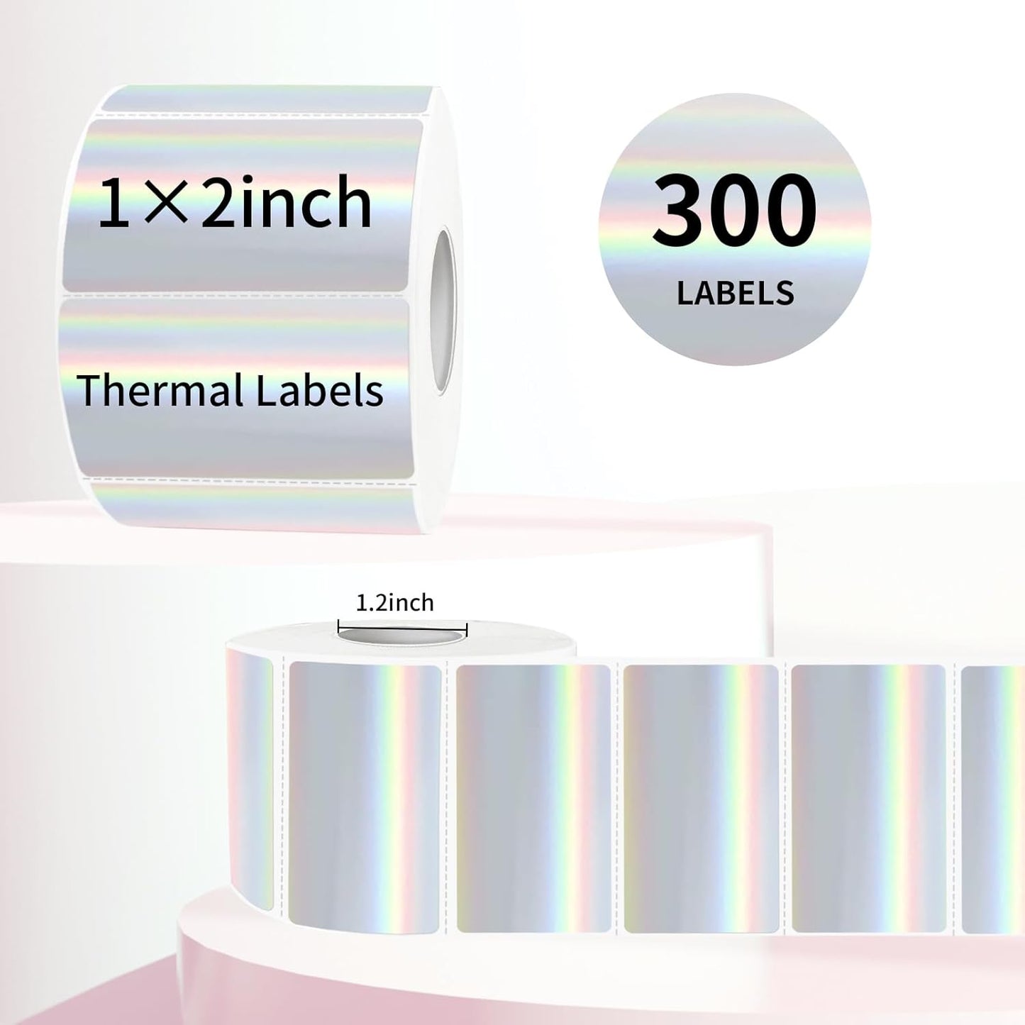 2x1 Inch Holographic Thermal Labels, Silver Glitter Thermal Printer Stickers, Waterproof Self-Adhesive Shipping Label Printer Sticker for Barcode, Name, Address, 300 Labels/Roll