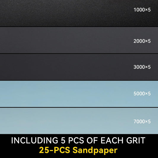 25-Piece Fine Sandpaper Set 1000/2000/3000/5000/7000 Grit Wet Dry Sandpaper Combo 9x3.6 Inches, Suitable for Automotive, Resin Furniture Finishing, Stone Turning Finishing