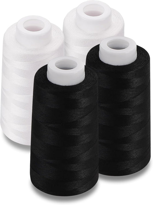 Serger Thread 4 Cones 3000 Yards Each Spool All Purpose Polyester Thread 40S/2 for Sewing, Serger, Overlock, Quilting, Piecing - Black+White