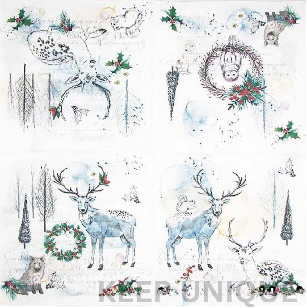20-ct 13x13 Christmas Paper Decoupage Napkins, 3-Ply Servilletas Tissue Napkin for Dinner and Parties, Disposable Napkins (Animal Winter)