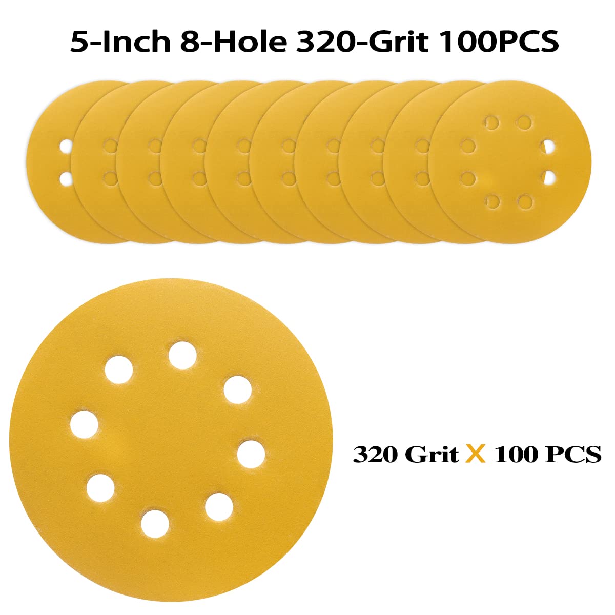 100PCS 5 Inch 8 Hole Sanding Discs 320 Grit,Gold Round Hook and Loop Sandpaper for Random Orbital Sander