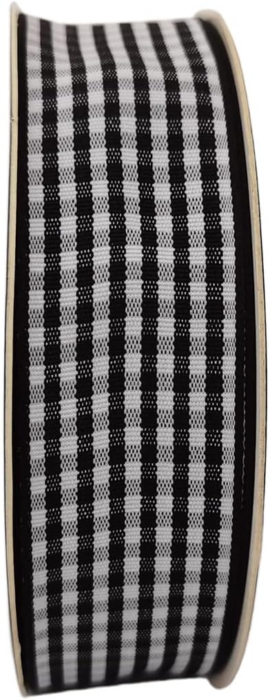 1 Inch Black and White Woven Edge Gingham Ribbon 25 Yards Each Roll 100% Polyester (1", Black)