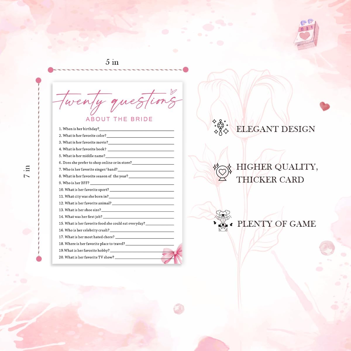 Wedding Shower Games Cards, Twenty Questions About The Bride, Bridal Shower Games 25 Guests, Engagement Party Wedding Games for Guests, Pink Ribbon Bow Wedding Party Supplies - E05