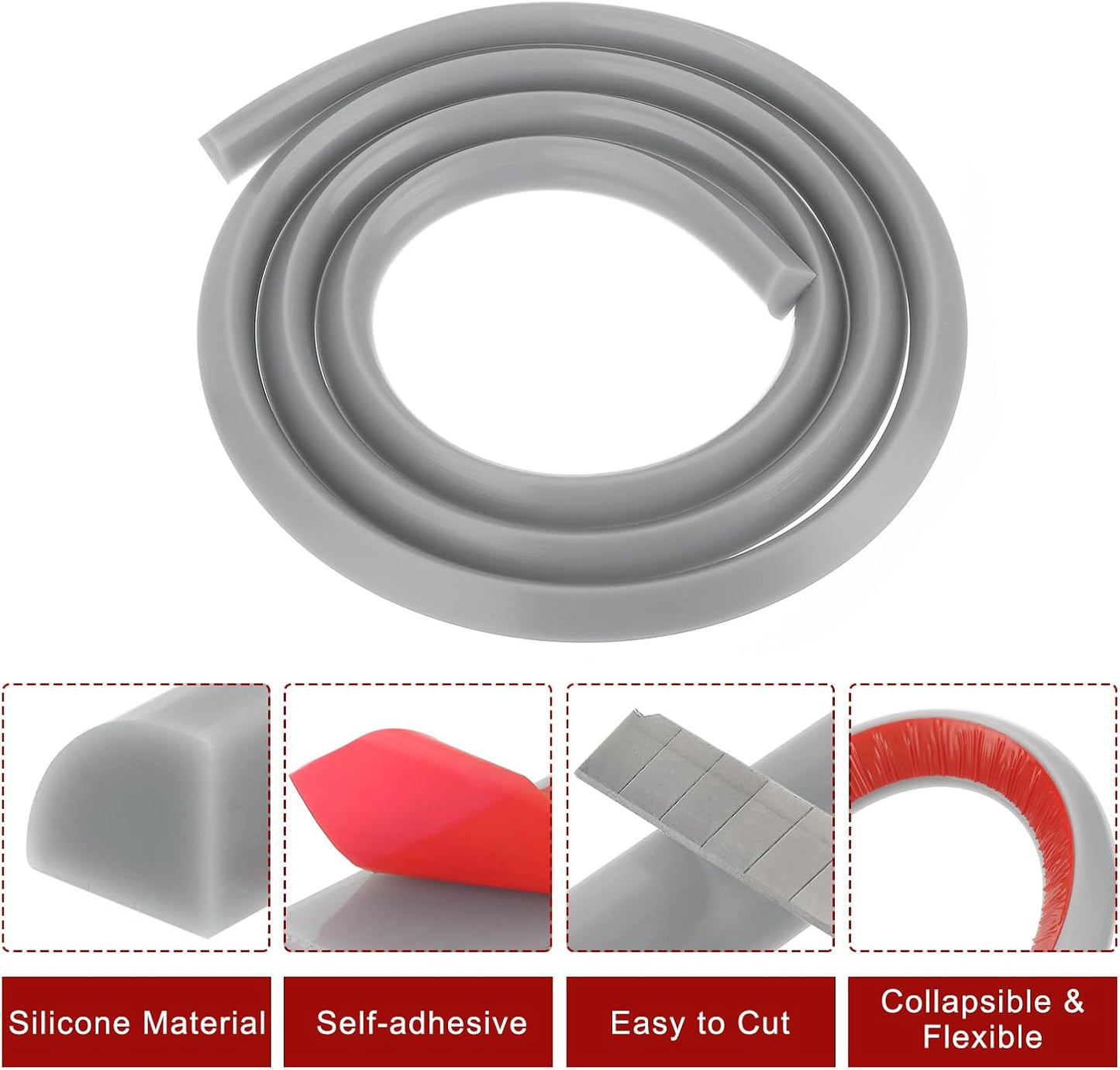 uxcell Flexible Molding Trim, 79 Inch Flexible Quarter Round Molding Silicone Peel and Stick Trim Self Adhesive Shower Water Barrier for Corner Decor Bathroom Kitchen, Grey