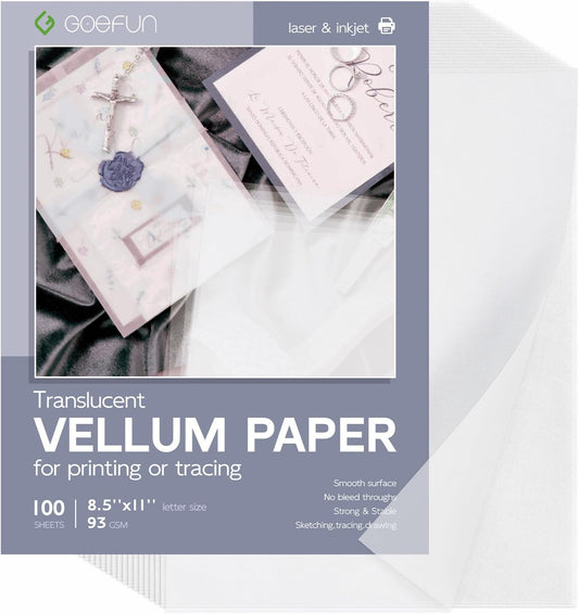 Translucent Vellum Paper 8.5 x 11, Goefun 100 Sheets Vellum Tracing Paper Printable for Invitations, Card Overlays, Belly Bands, DIYs, Sketching, Drawing