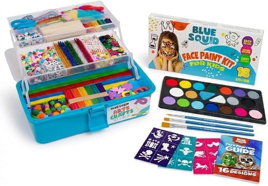 Blue Squid Arts & Crafts Box (Blue)- 2800+ pcs Deluxe Craft Supplies Box with Face Painting Kit for Kids – 18 Colors Kids Face Paint Kit Palette with Stencils & Guided Tutorial