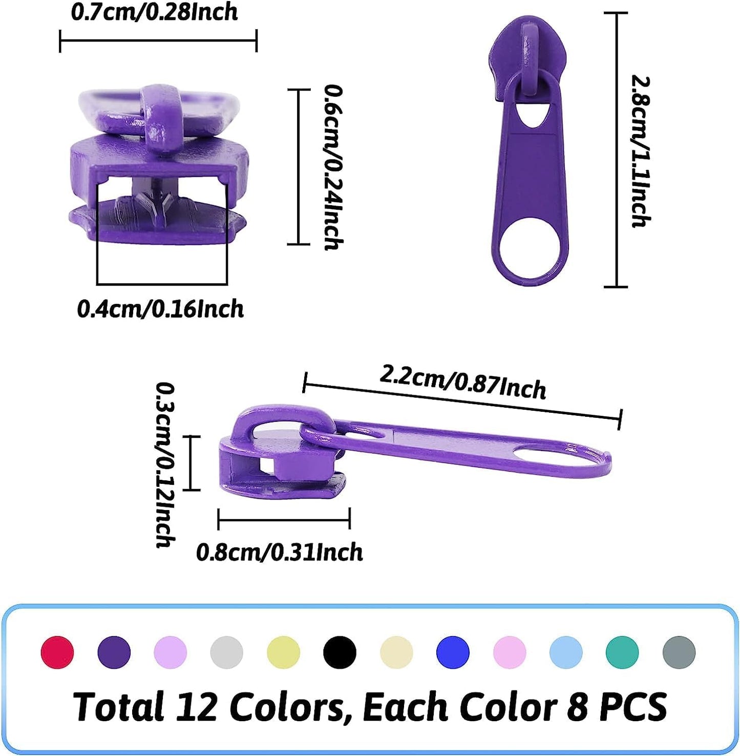 DOITEM 96Pcs Zipper Repair Kit - 3# Zipper Pull Rescue Kit (12 Colors) for Clothing Jackets, Purses, Luggage, Backpacks