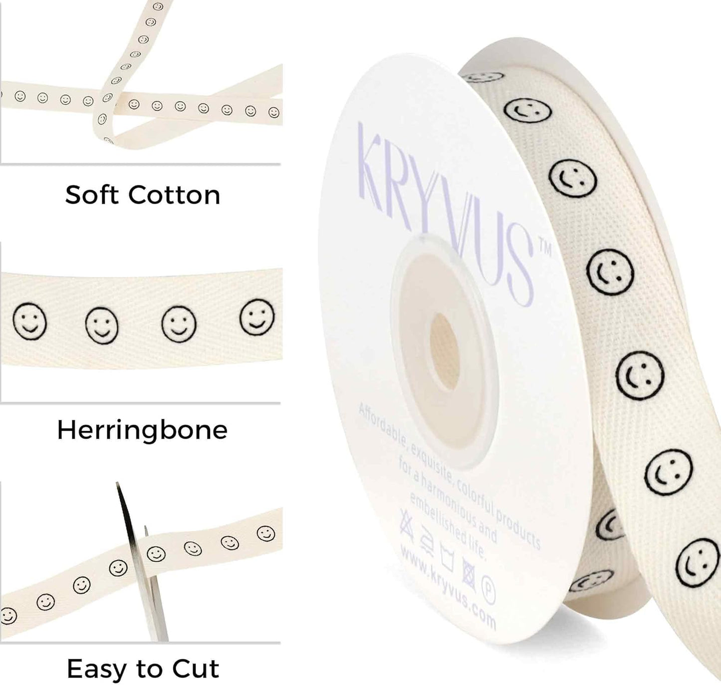Smiley Faces Ribbon - 5/8 Inch x 12 Yards Natural Twill Tape Ribbon, Cotton Herringbone Ribbons for Gift Wrapping, Birthdays, Weddings, Christmas, Anniversaries, Valentine's Day, Mother's Day