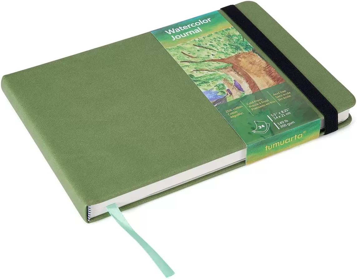 tumuarta Watercolor Journal, 8.25x5.5, 140 LB, 300 GSM, Cotton Paper, Cold Press, 24 Sheets, 48 Pages, Watercolor Paper Sketchbooks for Use As Travel Notebook and Mixed Media Pad