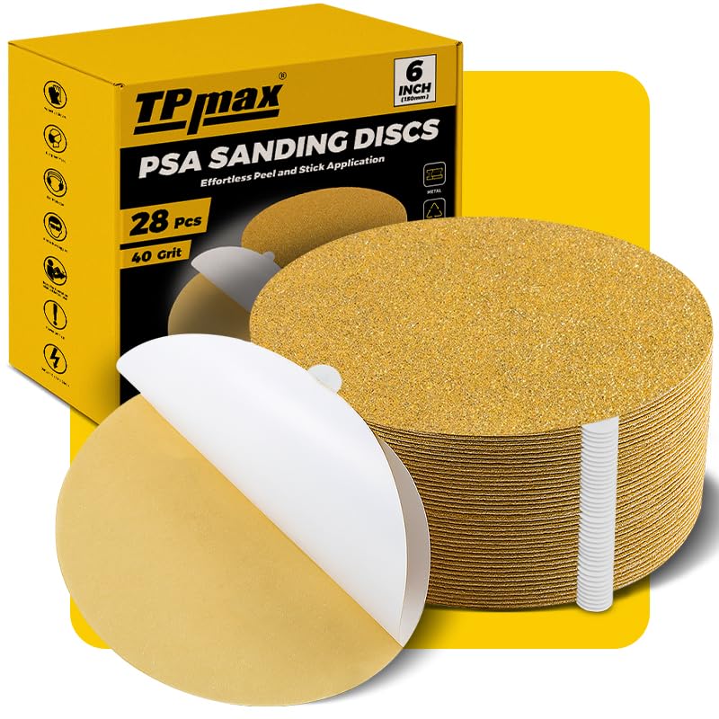 6-Inch 40-Grit Gold PSA Sanding Discs, 28 Pack – Pro-Grade Self-Adhesive Stickyback Sandpaper with Quick-Release Tabs for DA Sander, Coarse Automotive/Wood/Metal Sanding