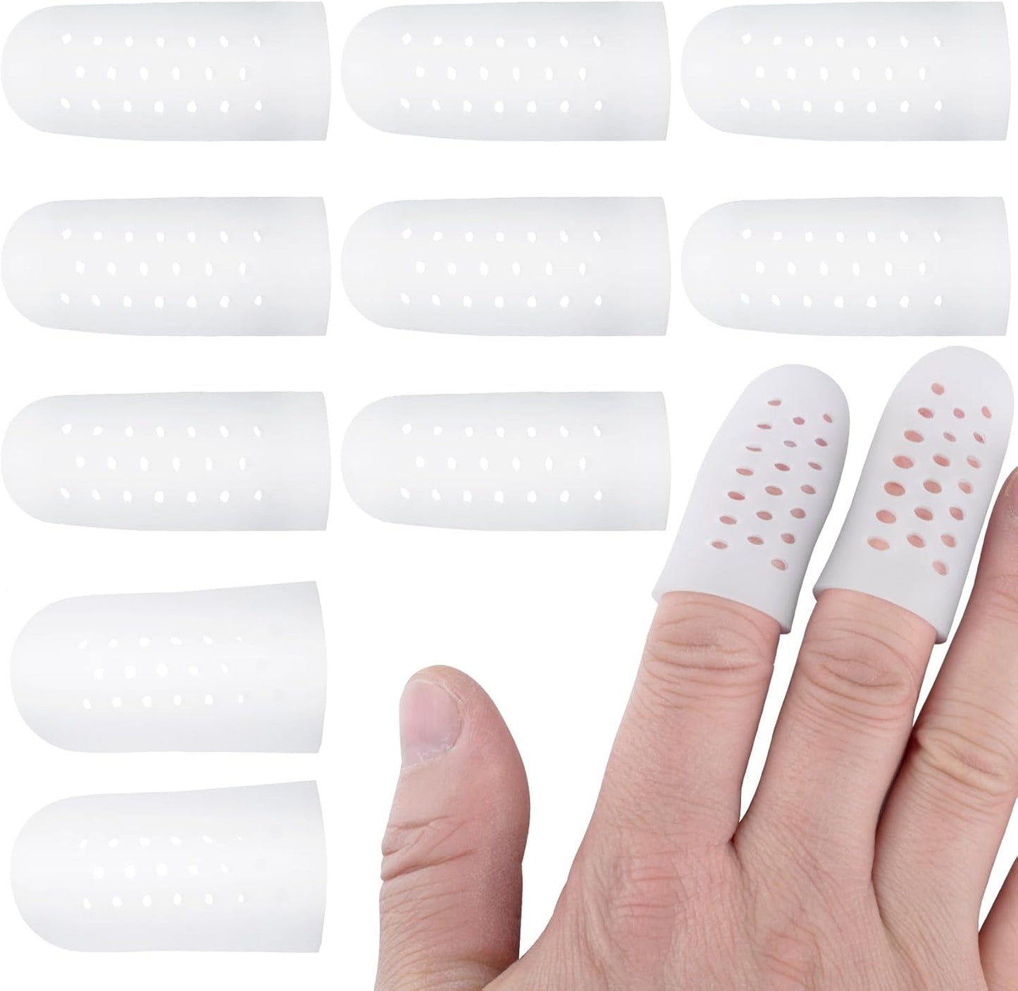 PAGOW 10pcs Gel Finger Cots/Covers, Silicone Finger Protector Support, Finger Caps Finger Sleeves Thumb Protector for Finger Cracking Trigger Finger Arthritis Pain Relief (White, 8 Small+2 Medium)