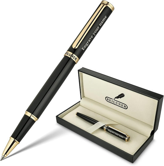 BEILUNER Black Personalized Pen,Stunning Luxury Lacquer With 24K Gold,Schneider Ink Refills,Multiple Fonts To Custom Rollerball,Gift Pen For Men & Women,Executive,Graduation,Christmas,Nice Pens